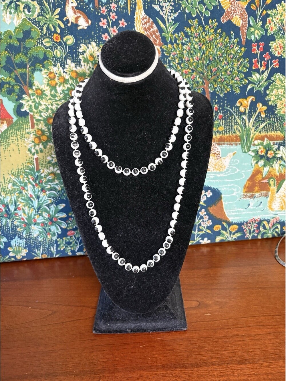 Long Black White Beaded Necklace Vintage Style Remeniscent of Black Eyed Peas